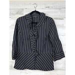 Classiques Entier Womens L Black Tan Striped Linen Button Up Ruffle Front Blazer